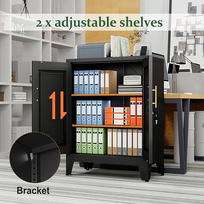 Black Metal Storage Cabinet, 36" Tall Locking Storage Cabinet with 2 Adjustable Shelves, Steel Locker Organizer, for Office, Home, School