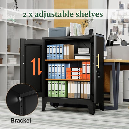 Black Metal Storage Cabinet, 36" Tall Locking Storage Cabinet with 2 Adjustable Shelves, Steel Locker Organizer, for Office, Home, School
