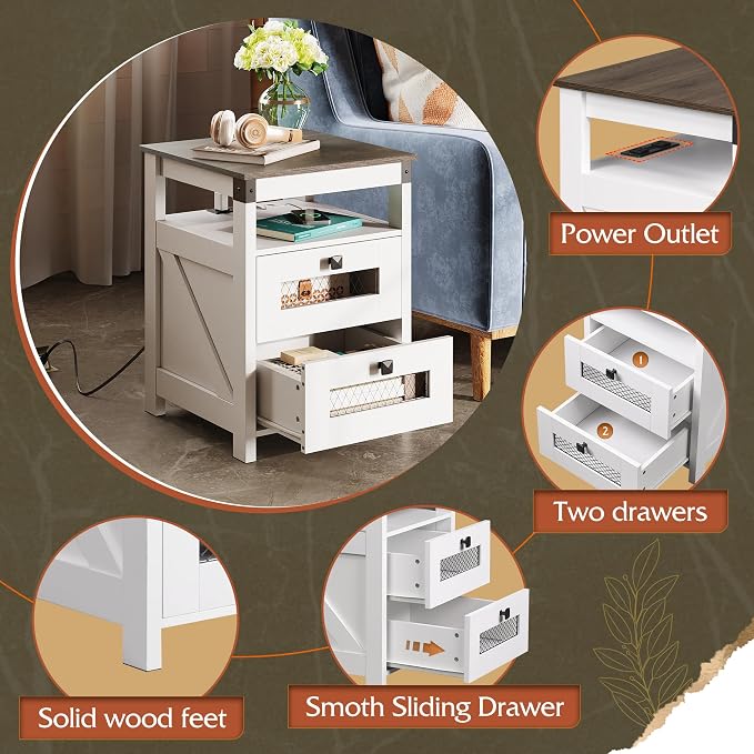 WLIVE Nightstand with Charging Station, Farmhouse End Table, Bed Side Table with 2 Storage Drawers and Open Shelf, Wood Rustic Nightstands for Bedroom, White
