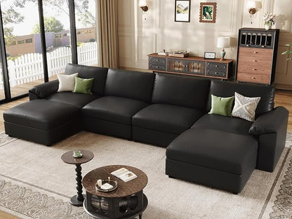 EASE MOOSE Oversized Modular Sectional Sofa,Leather Sectional Couch with Deep Seat, Classic Extra Large U Shaped Couch,Faux Leather Material Sofa Comfy Scratch Resistant for Living Room,Black