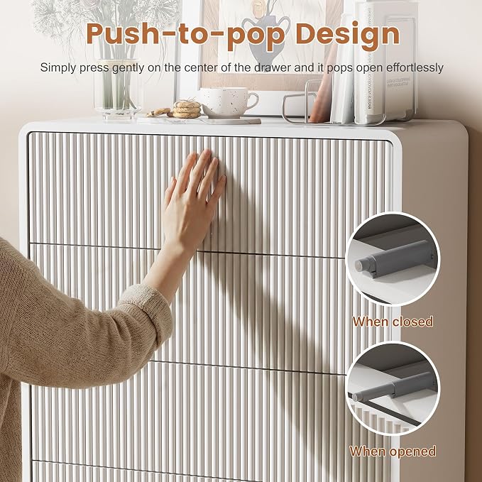 Furniway White 5 Drawer Dresser for Bedroom, Curved Tall Dresser with Push-to-Open Design, Chest of Drawers for Bedroom, Living Room, Hallway, 15.7”D x 32”W x 47.2”H