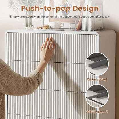 Furniway White 5 Drawer Dresser for Bedroom, Curved Tall Dresser with Push-to-Open Design, Chest of Drawers for Bedroom, Living Room, Hallway, 15.7”D x 32”W x 47.2”H