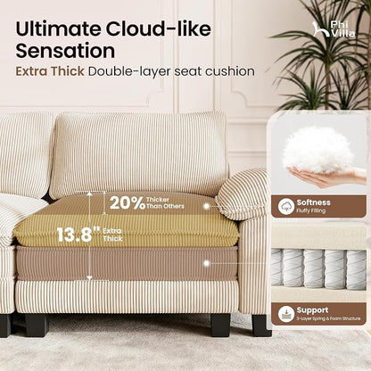 PHI VILLA Cloud Modular Couch Sets with Swivel Accent Chair, 123.6" Sectional Sofa with L-Shaped Chaise, 4-Seater Upholstered Couches with Movable Ottoman for Living Room, Corduroy Fabric, Beige