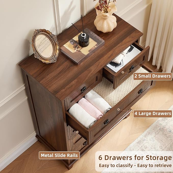 Joaxswe Farmhouse 6 Drawer Dresser for Bedroom, 41" Tall Small Dressers & Chest of Drawers, Rustic Wood Dresser with Metal Handle, Storage Organizer Closet for Living Room, Hallway, Entryway