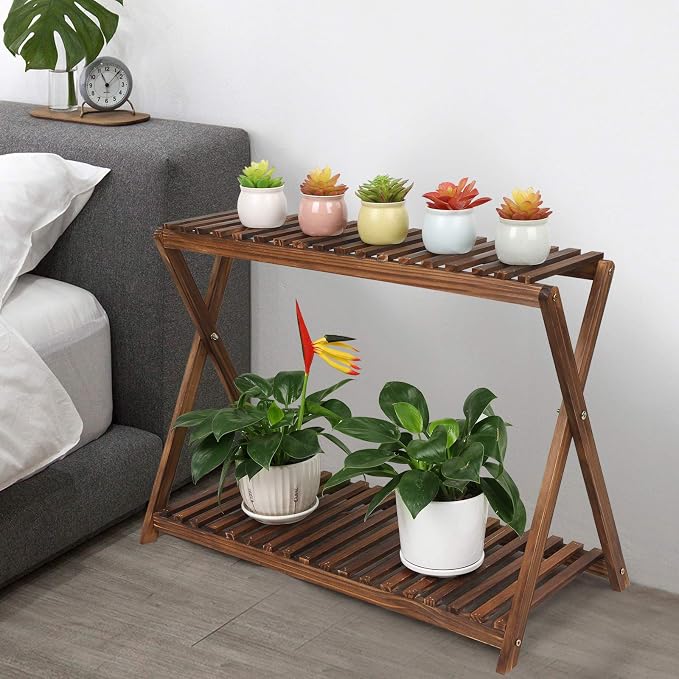 Wood Plant Stand Indoor Outdoor 2 Tier Plant Shelf Plant Table Bench Corner | Stepped Flower Display Stand Planter Shelf Holder Rack in Patio Balcony Entryway Porch Livingroom (Classic X-Cross Design)