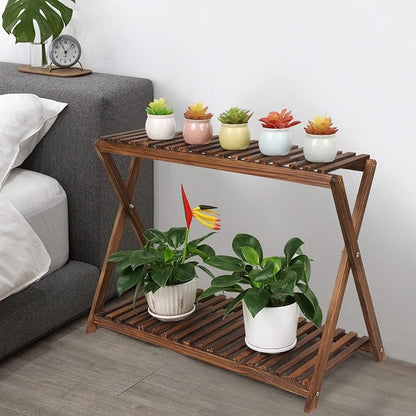Wood Plant Stand Indoor Outdoor 2 Tier Plant Shelf Plant Table Bench Corner | Stepped Flower Display Stand Planter Shelf Holder Rack in Patio Balcony Entryway Porch Livingroom (Classic X-Cross Design)