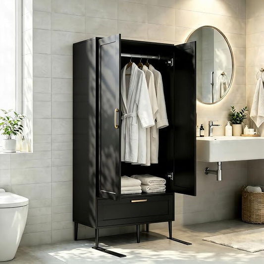 Bedroom Armoire Wardrobe Closet with Hanging Rod,60" 2 Door Almirah for Clothes with Drawers,Morden Storage Cabinet,Black