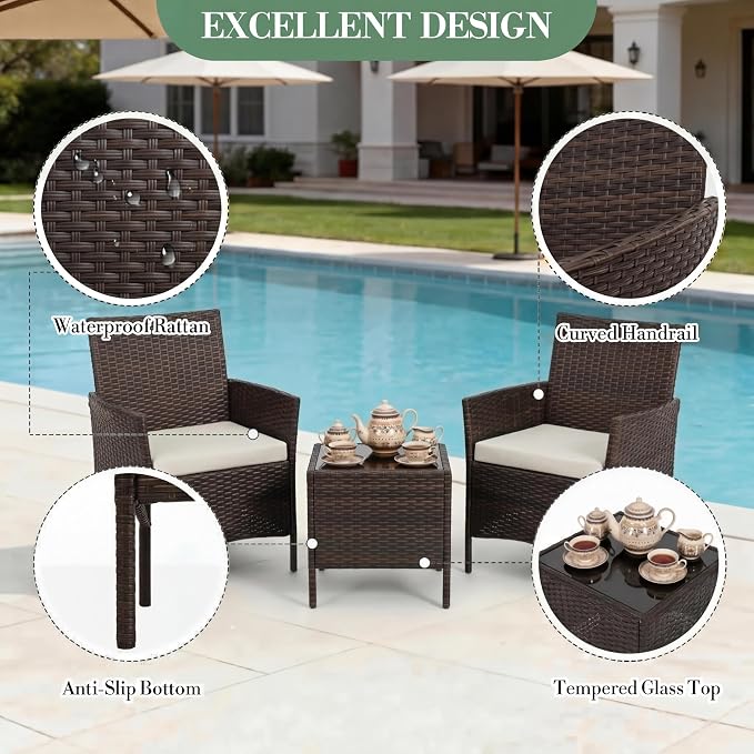 3 Piece Patio Furniture Set, Outdoor Patio Wicker Sofa Set with Upholstery and Glass Storage Coffee Table, All Weather Conversation Rattan Set for Garden, Porch, Lawn, Pool, Brown+White