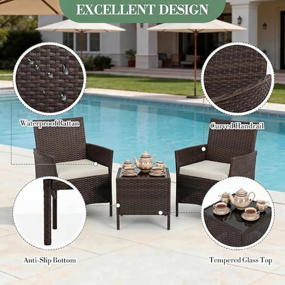 3 Piece Patio Furniture Set, Outdoor Patio Wicker Sofa Set with Upholstery and Glass Storage Coffee Table, All Weather Conversation Rattan Set for Garden, Porch, Lawn, Pool, Brown+White