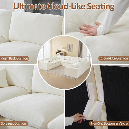 146''Cloud Boneless Sectional Couch, Modular Sectional Sofa Deep Seat, Oversized Upholstered Convertible Comfy 8 Seater Chenille Memory Foam Sofa U Shape Couches for Living Room, Beige