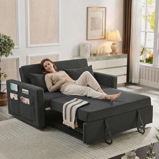 55.5" Fabric Convertible Sofa Bed, Pull Out Sleeper Sofa Bed, Loveseat Couch with Side Pocket, 3 in 1 Convertible Sleeper Sofa Bed for Living Room, Apartment, Bedroom, RV, Black