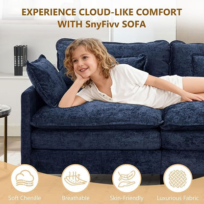 113" Chenille Modular Sectional Sofa, Convertible L Shaped Modular Sofa Comfy Cloud Couch with Ottoman, Side Pockets and 5 Throw Pillows for Living Room (Blue, 113" - 5 Seats)