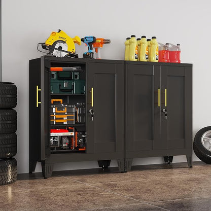 Black Metal Storage Cabinet, 36" Tall Locking Storage Cabinet, 14”D | with 2 Adjustable Shelves, Steel Locker Organizer, Metal Freestanding Buffet Cupboards Sideboard for Office, Home, School,2PS