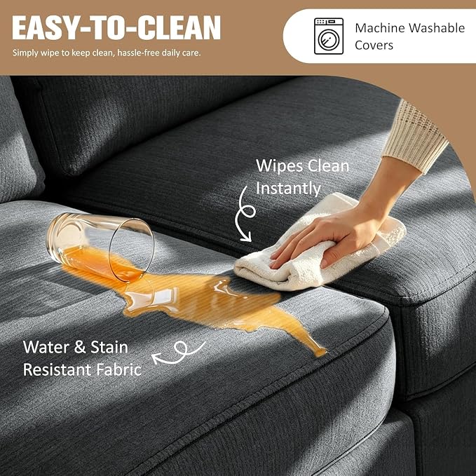 JAMFLY 3-Seat Reversible Sectional Sofa with Convertible Ottoman, Modern Ribbed Fabric L-Shaped Couch for Living Room, Small Apartment & Office, Easy Tool-Free Assembly, Grey