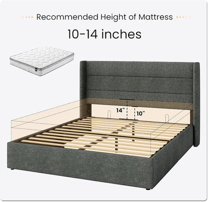 SHA CERLIN Queen Size Lift Up Storage Bed/Modern Wingback Headboard/Upholstered Platform Bed Frame/Hydraulic Storage/No Box Spring Needed/Wood Slats Support/Dark Grey