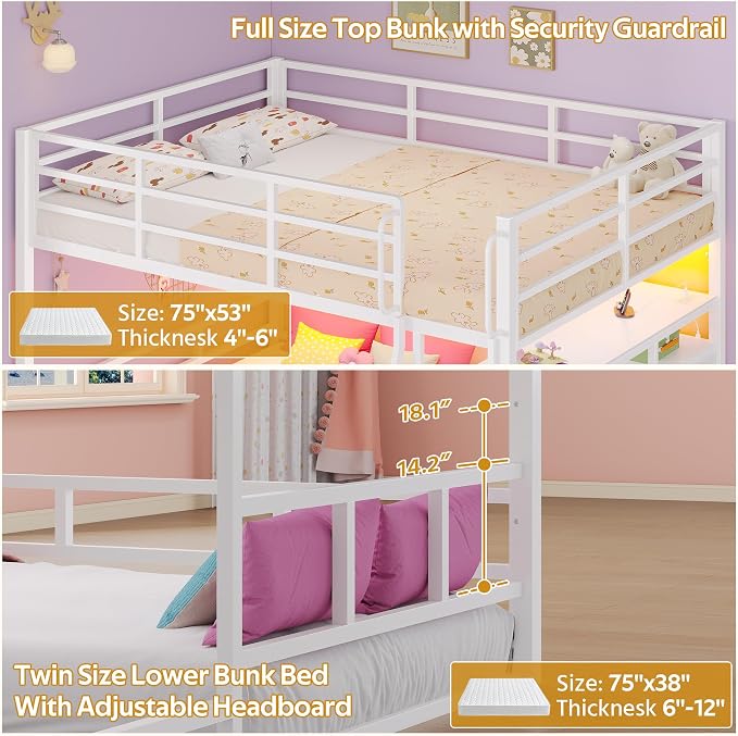 busyaeh Low Bunk Bed,Bunk Bed Full Over Twin with 8 Drawers & 4 Shelves | bunk Bed with Desk & 15" H Safety Guardrail & LED Lights and Charging Station,L-Shaped Bunk Beds with Stairs,White bunk bed