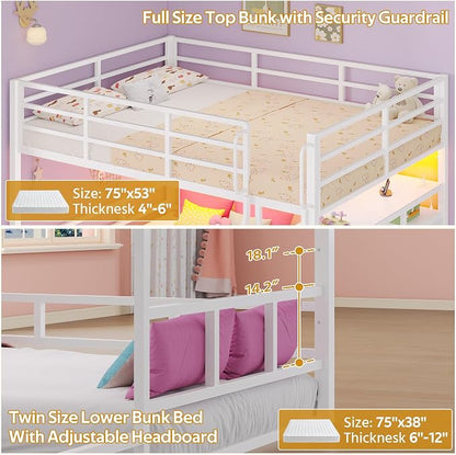 busyaeh Low Bunk Bed,Bunk Bed Full Over Twin with 8 Drawers & 4 Shelves | bunk Bed with Desk & 15" H Safety Guardrail & LED Lights and Charging Station,L-Shaped Bunk Beds with Stairs,White bunk bed