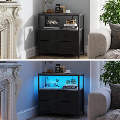 TUTOTAK LED Night Stand with Charging Station, Large Nightstand with USB and Type-C Port, Bedside Table with Cloth Drawers, End Table for Livingroom, Bedroom, Charcoal Grey TB01BY081L