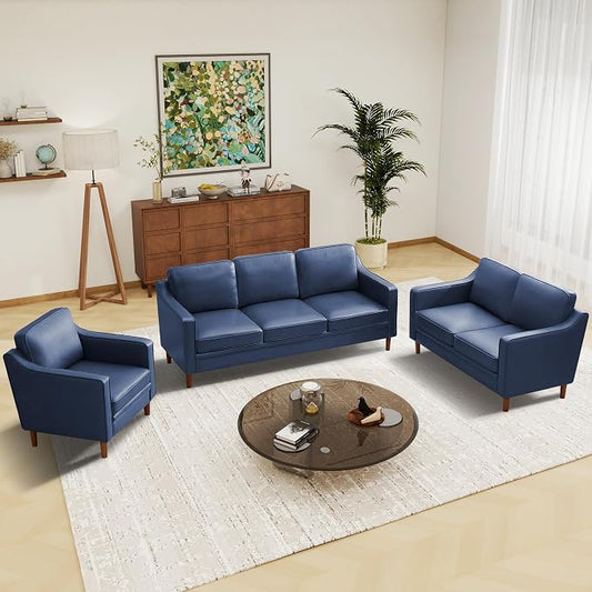 Kingfun 3-Piece Sofa Set for Living Room, Mid Century Modern Couch with Loveseat and Chair, Faux Leather, Solid Wood Frame