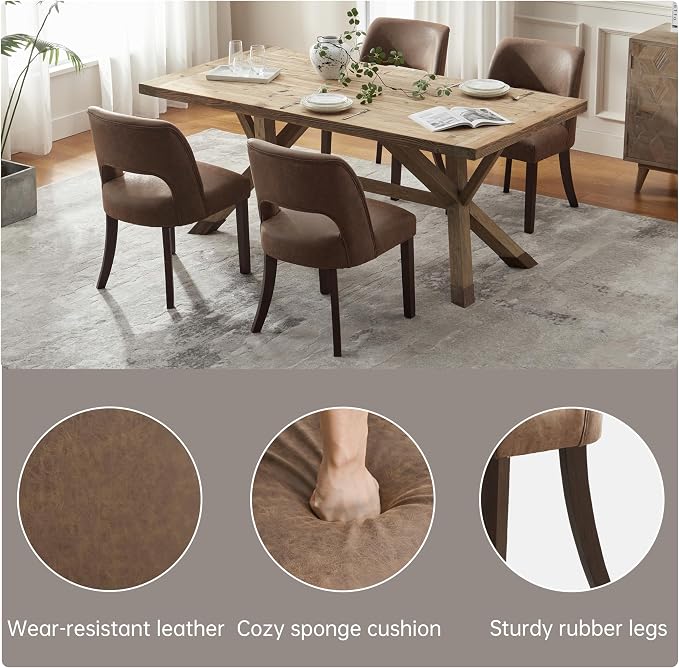 VKNOW Modern Dining Chairs Set of 6 with Rubberwood Legs, Dark Brown | Faux Leather, Curved Back, For family, Kitchen Dining RoomRestaurant Reception Room, No wobble, 80% pre-installed