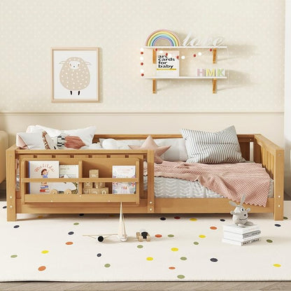 Bellemave Twin Floor Bed with Rails and Slats, Twin Size Montessori Floor Bed with Bookshelf and Fence, Easy Assemble Montessori Beds Frame for Girls, Boys, Deep Natural