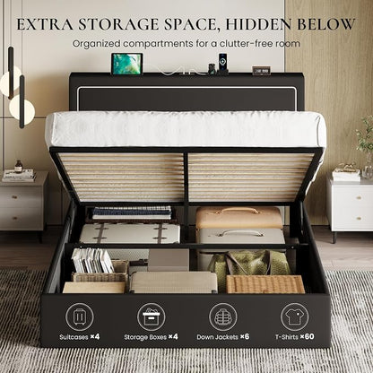 SHA CERLIN Queen Size Hydraulic Lift-Up Storage Platform Bed Frame with Charging Station, RGB LED Lights, Adjustable Velvet Headboard, USB-A and USB-C Ports, No Box Spring Needed, Black