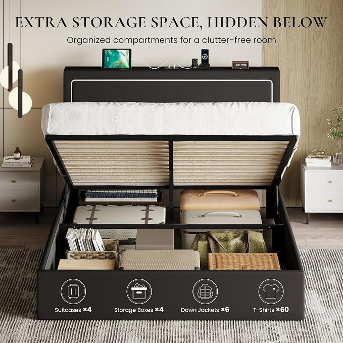 SHA CERLIN Full Size Hydraulic Lift-Up Storage Platform Bed Frame with Charging Station, RGB LED Lights, Adjustable Velvet Headboard, USB-A and USB-C Ports, No Box Spring Needed, Black