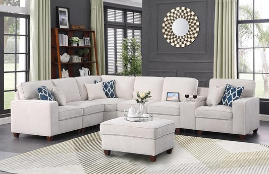 Ball & Cast 127" L-Shaped Sectional Couches for Living Room with Movable Ottoman,2 Cup Holders & USB Ports,7 Seat Chenille Upholstered Sofa W/6 Throw Pillows & Hidden Storage Box,DIY Combination,Beige