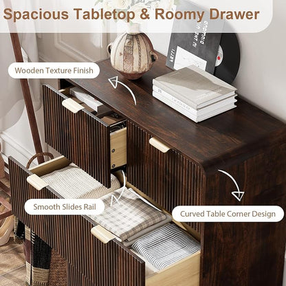 QUW Fluted 5 Drawers Dresser for Bedroom, Modern 40.2" Tall Drawer Dressers with Metal Handle, Wooden Chest of Dresser for Living Room, Hallway, Solid Wood Legs, Curved Profile Design, Dark Walnut