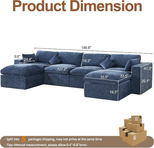 146''Cloud Boneless Sectional Couch, Modular Sectional Sofa Deep Seat with 2 Ottomans, Oversized Upholstered Convertible Comfy 6 Seater Chenille Sofa U Shape Couches for Living Room, Blue