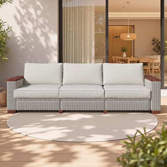PaPaJet Outdoor Patio Sofa, 3 Seat Wicker Couch with Solid Armrests & Legs, 4.7" Thickened Removable Cushions, UV-Resistant Modular Sofa for Porch, Backyard, Garden