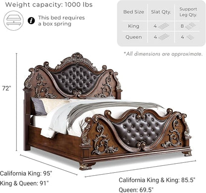 Furniture of America Clairibel Wood 3-Piece Bedroom Set, Queen-Size Bed with Button-Tufted Headboard, Marble Top Nightstand & Dovetail Drawers, Box Spring Required, Brown Cherry