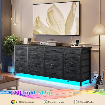 EnHomee 63" W Black TV Stand for Living Room, 18 Drawers, LED & Charging | Long Dresser for 65"-75" TV, Deep Drawer, Spacious Storage, Drawers Glide, No Wobbling, Anti-tip, Easy Assembly, Wipes Clean