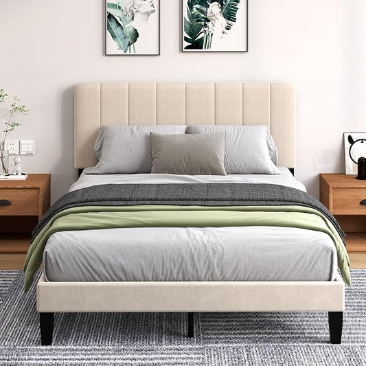 Queen Size Bed Frame with Headboard, Platform Bed with Soft Velvet Upholstered Headboard | Wooden Slats Support | Adjustable Height | No Box Spring Needed, Queen Bed Frame Beige