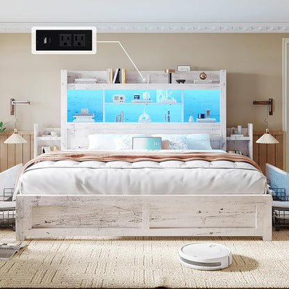 LUXOAK King Bed Frame with 49.6" Bookcase Headboard & 2 Bedside Stoage Racks & 4 Drawers, Farmhouse Wood Bed Frame with RGB LED & Charging Station, No Box Spring Needed, Distressed White