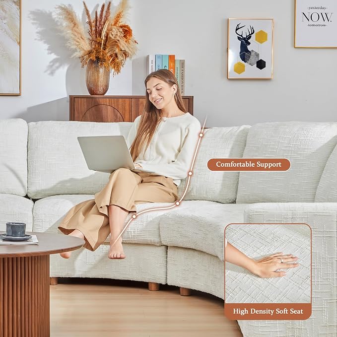 ORRD Curved Sectional Sofa, Convertible L Shaped Couch with Deep Seat, Boucle Modular Sectional Sofa with Pillows, Curved Chenille Comfy Corner 4 Seat Couch for Living Room, White