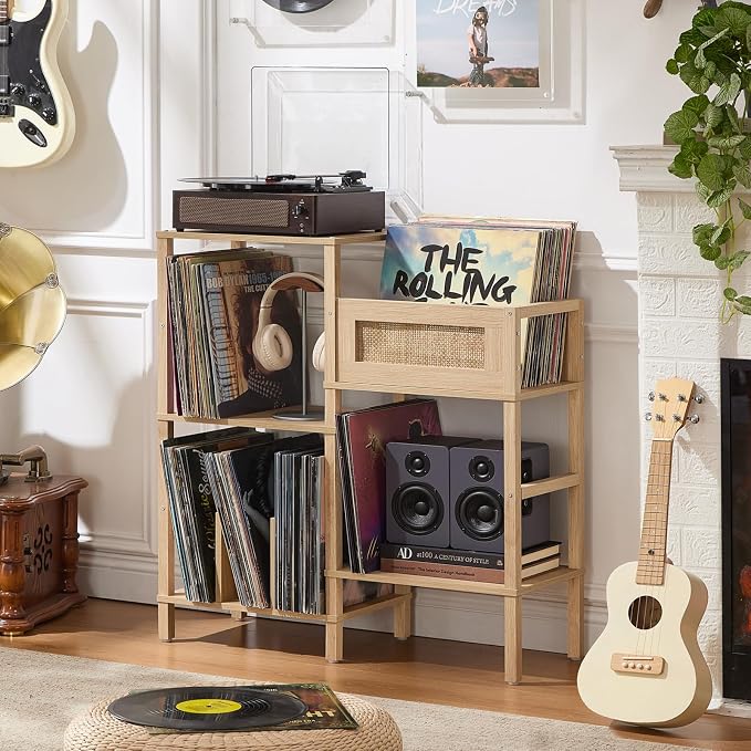 LELELINKY Record Player Stand, Natural Oak Wood Record Holder with Vinyl Storage Holds up to 300+ Albums, 3-Tier Rattan Media Table with Vinyl Display Shelf, Record Storage Cabinet for Living Room