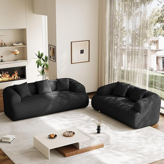 Boneless Couch Set, 91" + 75'' Cloud Couch Set, Chenille Curved Sofa, Modern Compression Sofa for Living Room, Bedroom and Apartment, No Assembly Required, Black