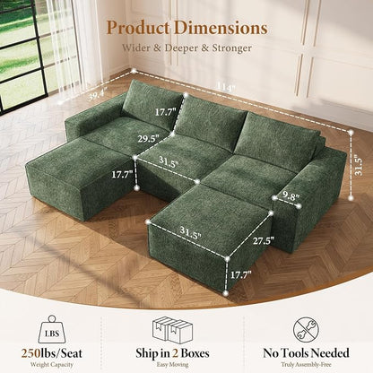 Vesgantti 114" Boneless Modular Sectional Sofa, Modern U Shaped 5 Seater Couch with 2 Ottoman & Deep Seat, Convertible Chenille Cloud Couches for Living Room, No Assembly Required, Green