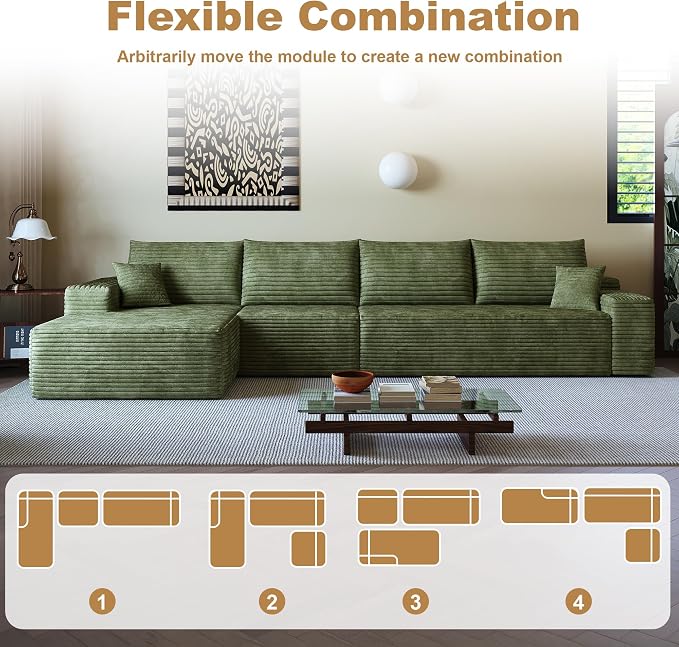 AUGOP 136" Sectional Couches for Living Room Modern Modular Sofa with L-Shape Couchs Upholstered Boneless Couch Deep Seat Sectional Couch with Chaise (Green, Left Facing Chaise+3Seaters)