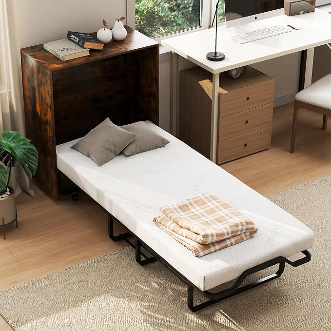 KOMFOTT Murphy Bed Cabinet, Rolling Folding Bed into Cabinet with Mattress & Lockable Wheels, Folding Bed Frame for Small Space, Roll Away Pull Out Murphy Bed for Guest Room Office