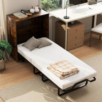 KOMFOTT Murphy Bed Cabinet, Rolling Folding Bed into Cabinet with Mattress & Lockable Wheels, Folding Bed Frame for Small Space, Roll Away Pull Out Murphy Bed for Guest Room Office