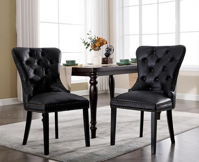 EALSON Modern Black Dining Chairs Set of 2 Mid Century Leather Dining Room Chairs with Wood Legs Tufted Upholstered Kitchen Side Chairs with Nail Head Trim for Dining Room/Living Room, Back with Ring