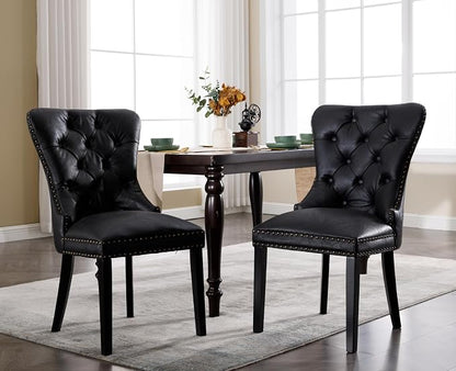 EALSON Modern Black Dining Chairs Set of 2 Mid Century Leather Dining Room Chairs with Wood Legs Tufted Upholstered Kitchen Side Chairs with Nail Head Trim for Dining Room/Living Room, Back with Ring