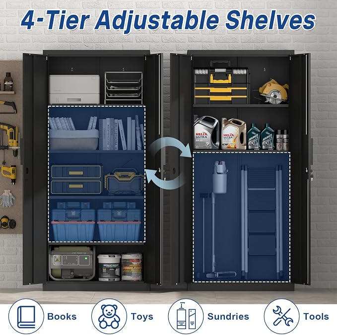 71" H Locking Cabinets, 16.5'' Deep Metal Garage Storage Cabinet with Doors and Shelves, Balck Cabinets for Garage, Kitchen, Office
