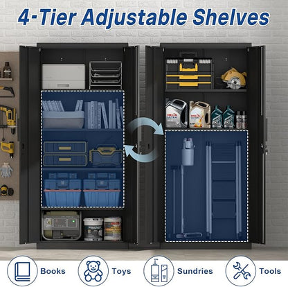 71" H Locking Cabinets, 16.5'' Deep Metal Garage Storage Cabinet with Doors and Shelves, Balck Cabinets for Garage, Kitchen, Office