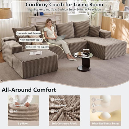 135" Modular Sectional Sofa with U Shaped Chaise, Upholstered Couches for Living Room with Deep Seat, No Assembly Required, Corduroy Cloud Couches, Camel(Right-Facing Chaise