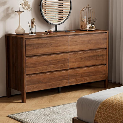 Furniway 55" Mid-Century Modern Dresser for Bedroom, 6 Drawer Wide Chest of Drawers with Wood Legs, Large Storage Bedroom Dresser, Walnut