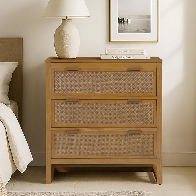 Teamson Home Hatteras 30'' W 3-Drawer Dresser with Rattan Inset Panels, Solid Pine Wood Frame and Acacia Veneer Plus Anti-Tip Kit Included, Coastal Modern Style, Natural Finish | Rattan Inset Panels, Solid Pine Wood Frame, Acacia Veneer, Anti-Tip Kit I...