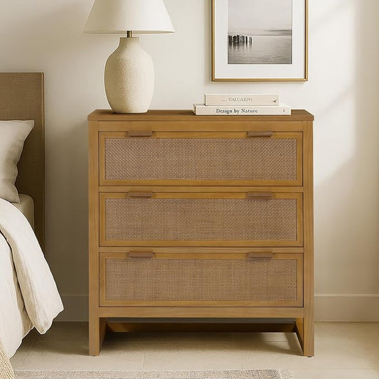 Teamson Home Hatteras 30'' W 3-Drawer Dresser with Rattan Inset Panels, Solid Pine Wood Frame and Acacia Veneer Plus Anti-Tip Kit Included, Coastal Modern Style, Natural Finish | Rattan Inset Panels, Solid Pine Wood Frame, Acacia Veneer, Anti-Tip Kit I...